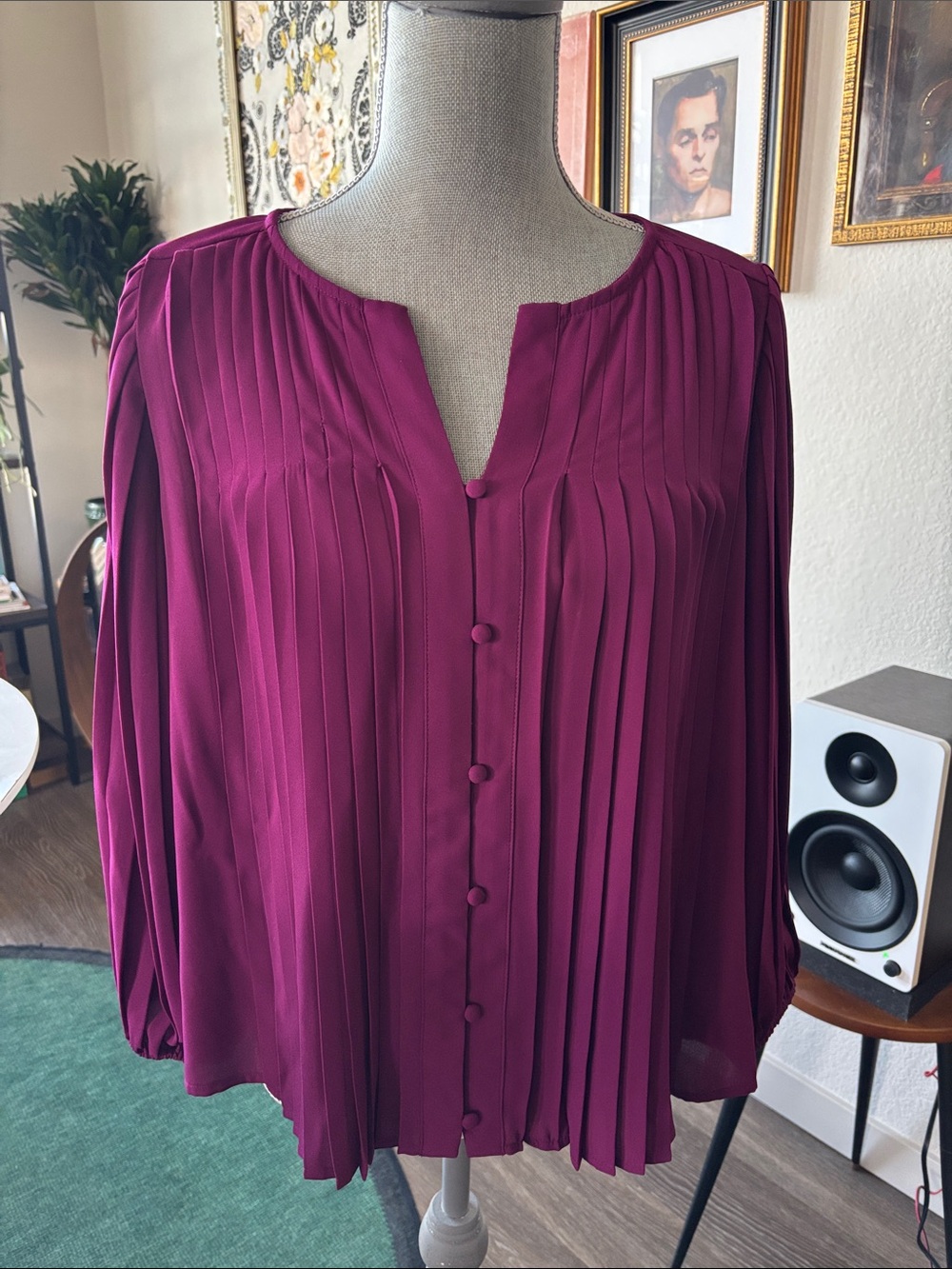 Nine West Pleated Button-Front Blouse — Magenta